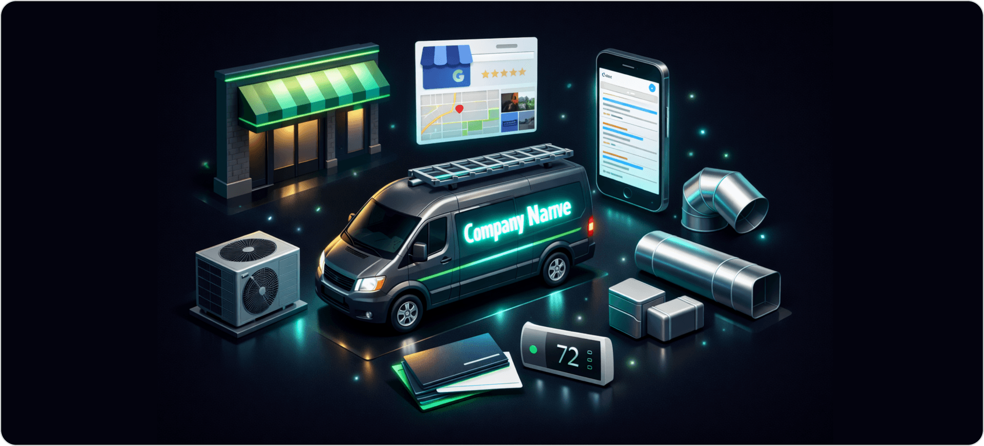 3D isometric illustration showing an HVAC business branding concept with a modern service van glowing in teal neon, surrounded by a storefront facade, a Google Business Profile-style card, a smartphone displaying search results, business cards, and HVAC equipment including an outdoor AC unit, ductwork, and a digital thermostat, all set on a dark navy-black gradient background with soft green and teal highlights, reflective surfaces, and a polished tech-forward aesthetic.