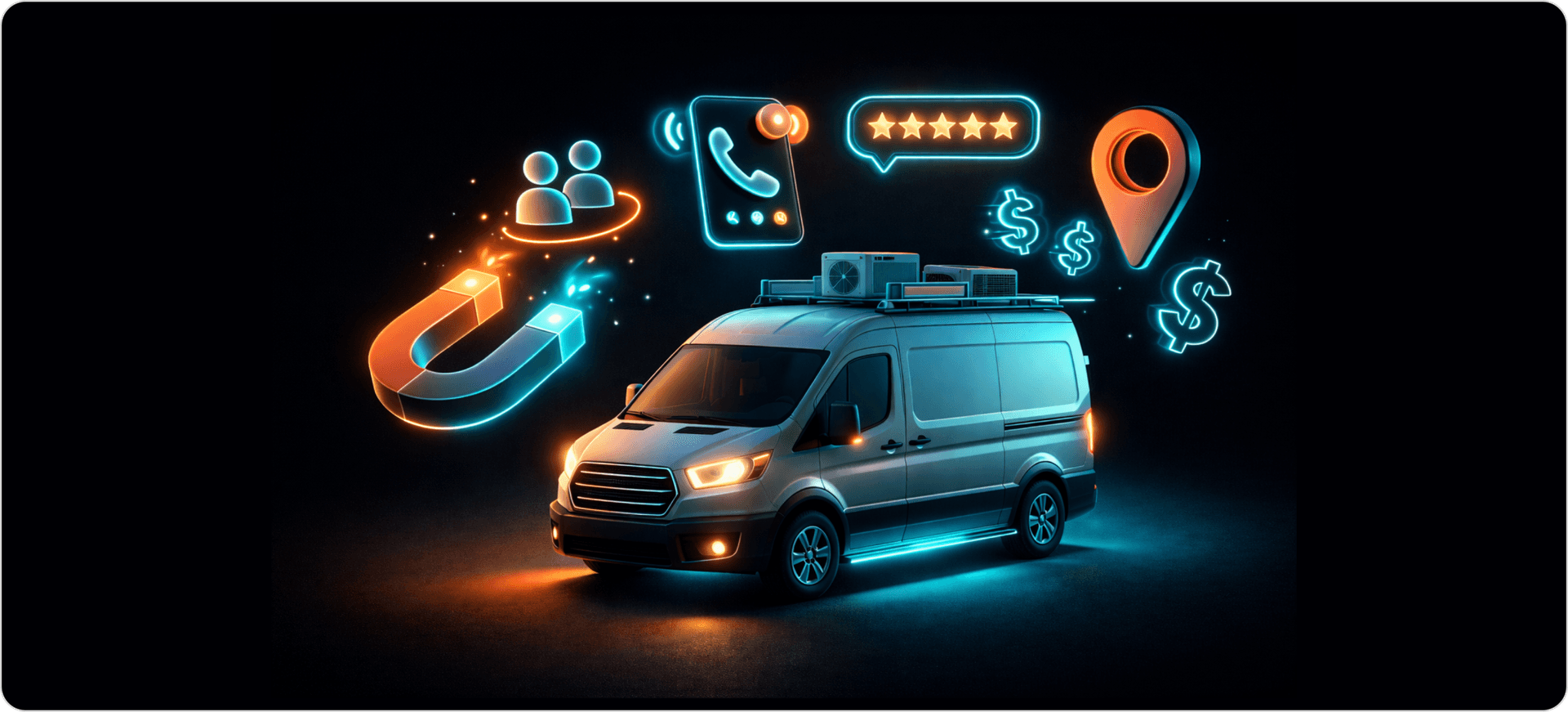 3D illustration of an HVAC service van on a dark background surrounded by glowing HVAC lead generation icons including a magnet attracting customer icons, a smartphone with incoming calls, a five-star review badge, a Google Maps location pin, and dollar signs representing HVAC marketing, local leads, and service business growth.