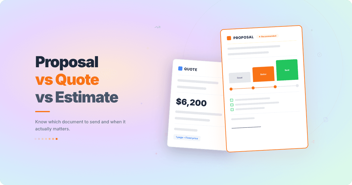 Proposal vs quote vs estimate comparison showing document mockups with tiered pricing and fixed price formats for field service contractors