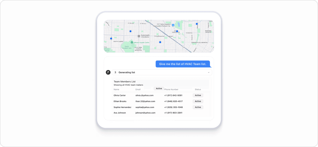 How AI-powered field service management software works through a conversational interface showing map-based technician tracking, automated team list generation, and smart customer insights via chat-driven commands.