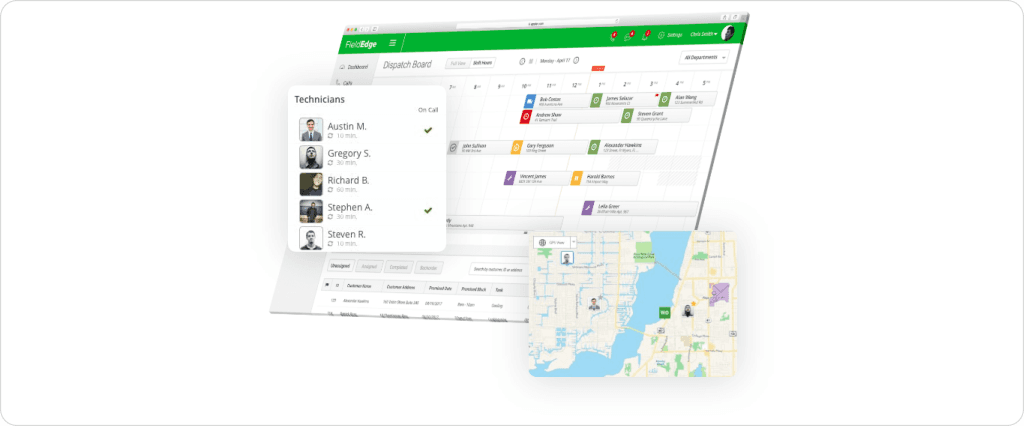 How HVAC dispatch software works with technician scheduling board, drag-and-drop job assignments, and real-time map-based workforce tracking for field service operations.