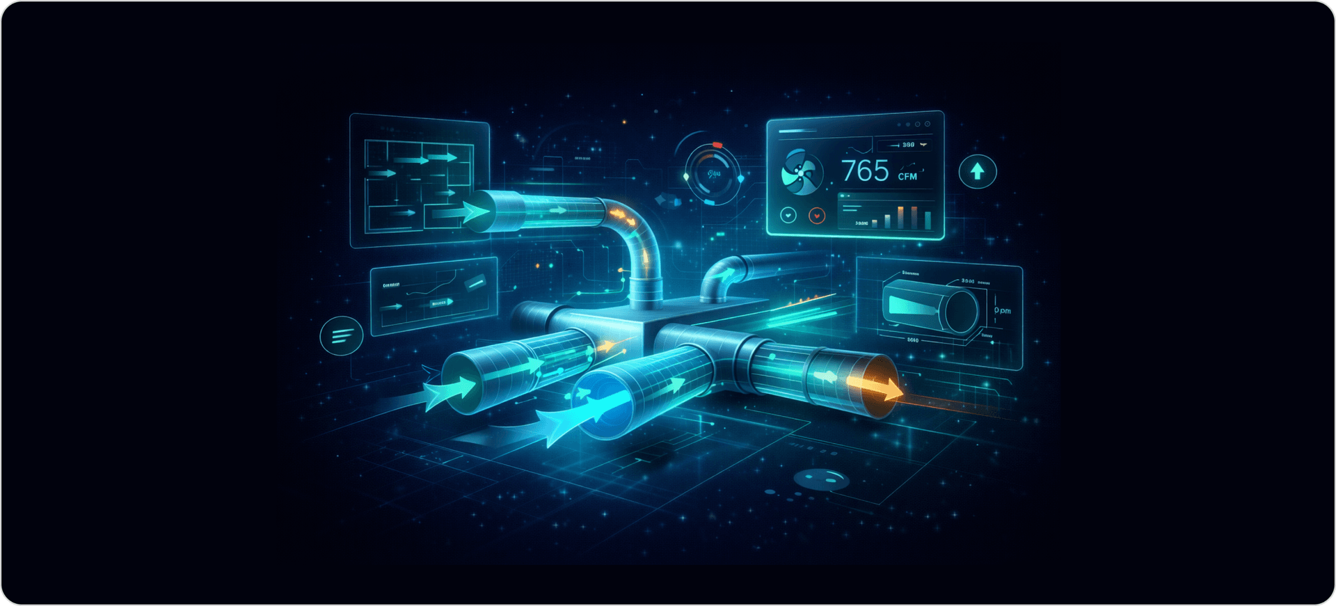 How HVAC CFM calculation works by measuring airflow through duct systems using velocity, duct size, and air distribution across rooms, visualized with airflow arrows and performance dashboards showing volume and airflow metrics
