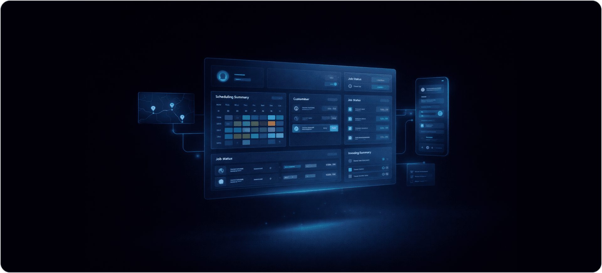 Minimal HVAC CRM software dashboard showing scheduling, customer management, job tracking, and invoicing with connected mobile app and route map in a clean modern interface