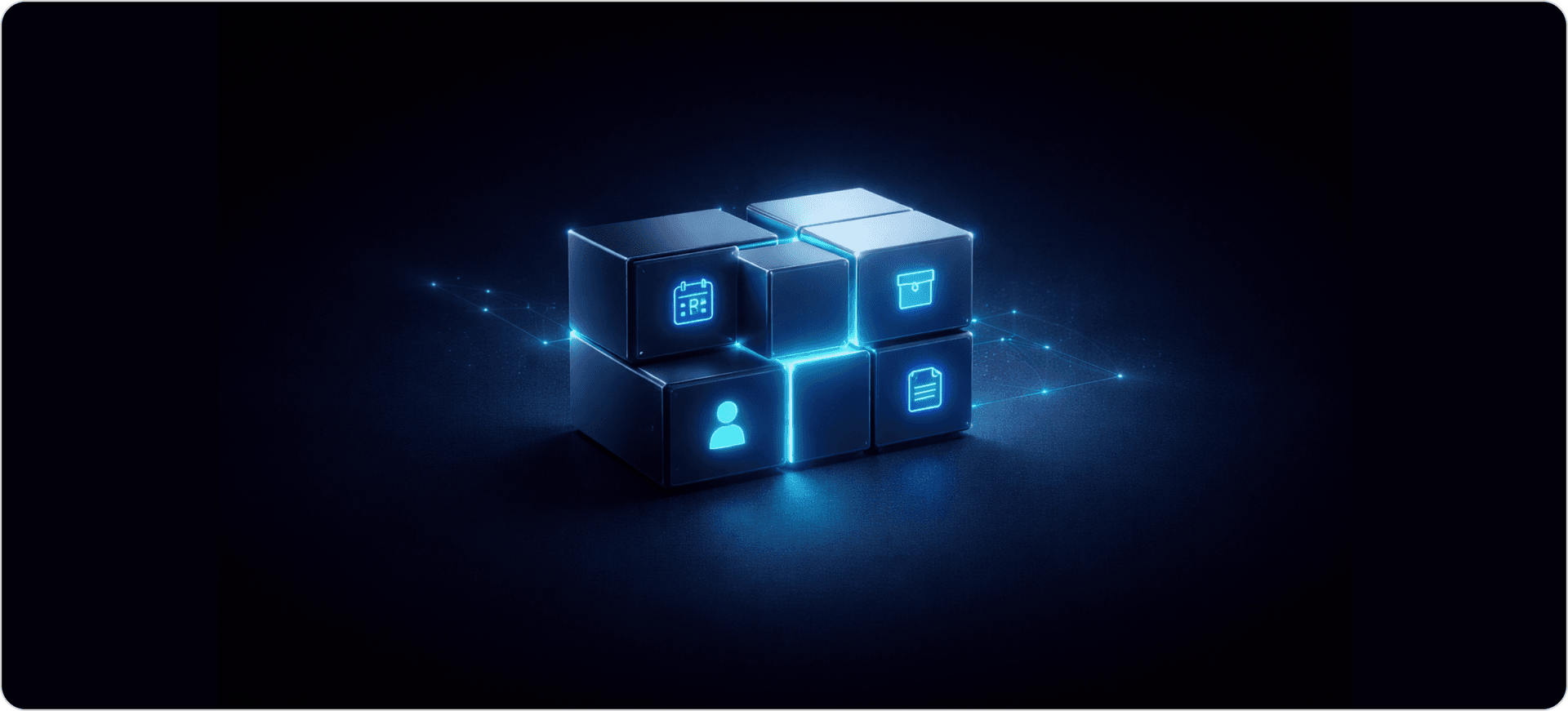 Modular HVAC software system illustration showing connected business functions like scheduling, inventory, customer management, and invoicing