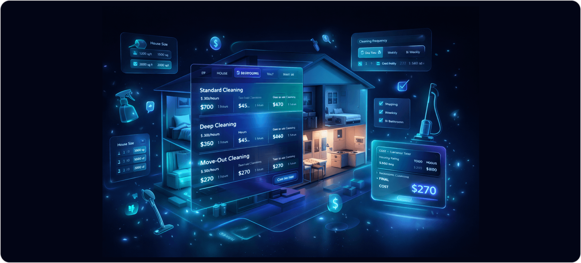 House cleaning cost breakdown by room including kitchen, bathroom, bedroom, and living room with pricing tiers and hourly and per square foot rates