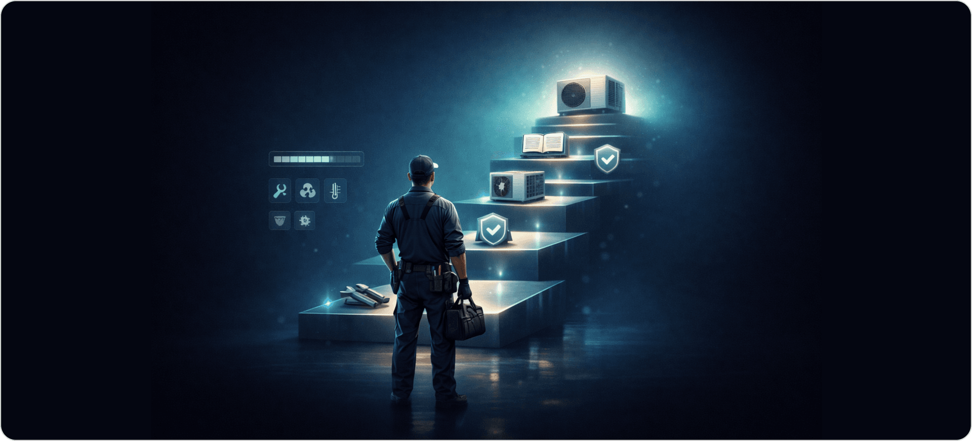 How to Become an HVAC Technician works with a step-by-step career progression path including tools, training, certification, and hands-on system experience, leading to a professional HVAC unit representing career success in a structured growth journey