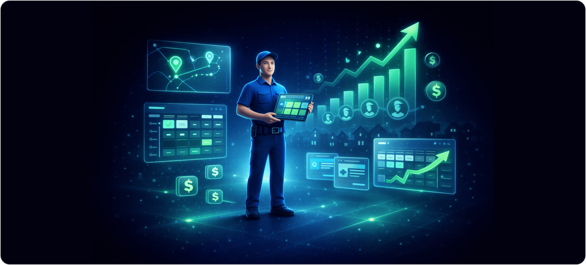 How a field service business grows using digital scheduling dashboards, technician job management, route mapping, and revenue analytics with a technician managing tasks on a tablet while business growth charts and service demand indicators rise in the background.