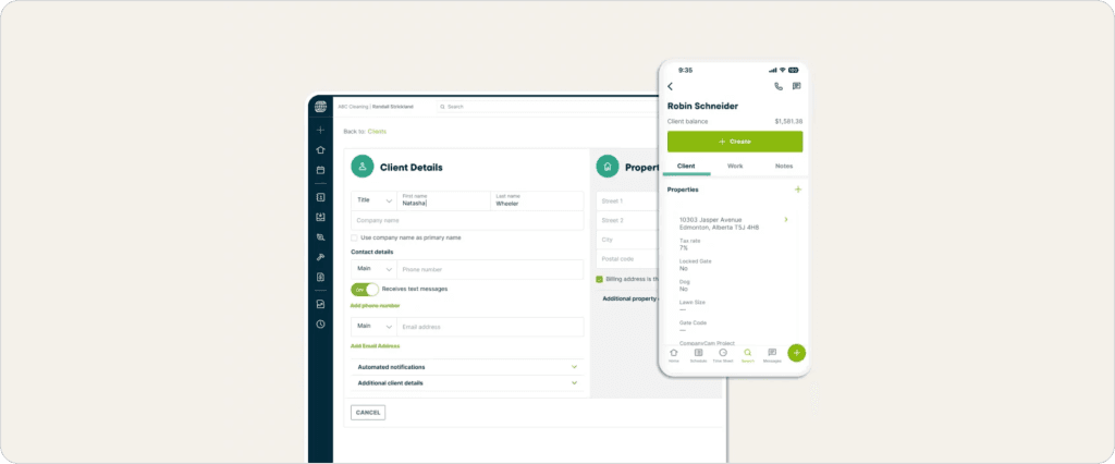 How field service CRM works for managing client details, contact information, property data, and job history through desktop and mobile interfaces.