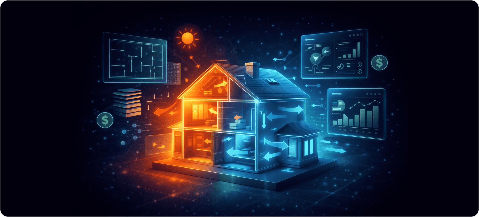 How Manual J HVAC load calculation works by analyzing heat gain and heat loss in a home using airflow patterns, insulation factors, sun exposure, and room-by-room temperature zones visualized through a cutaway house with cooling and heating distribution indicators.