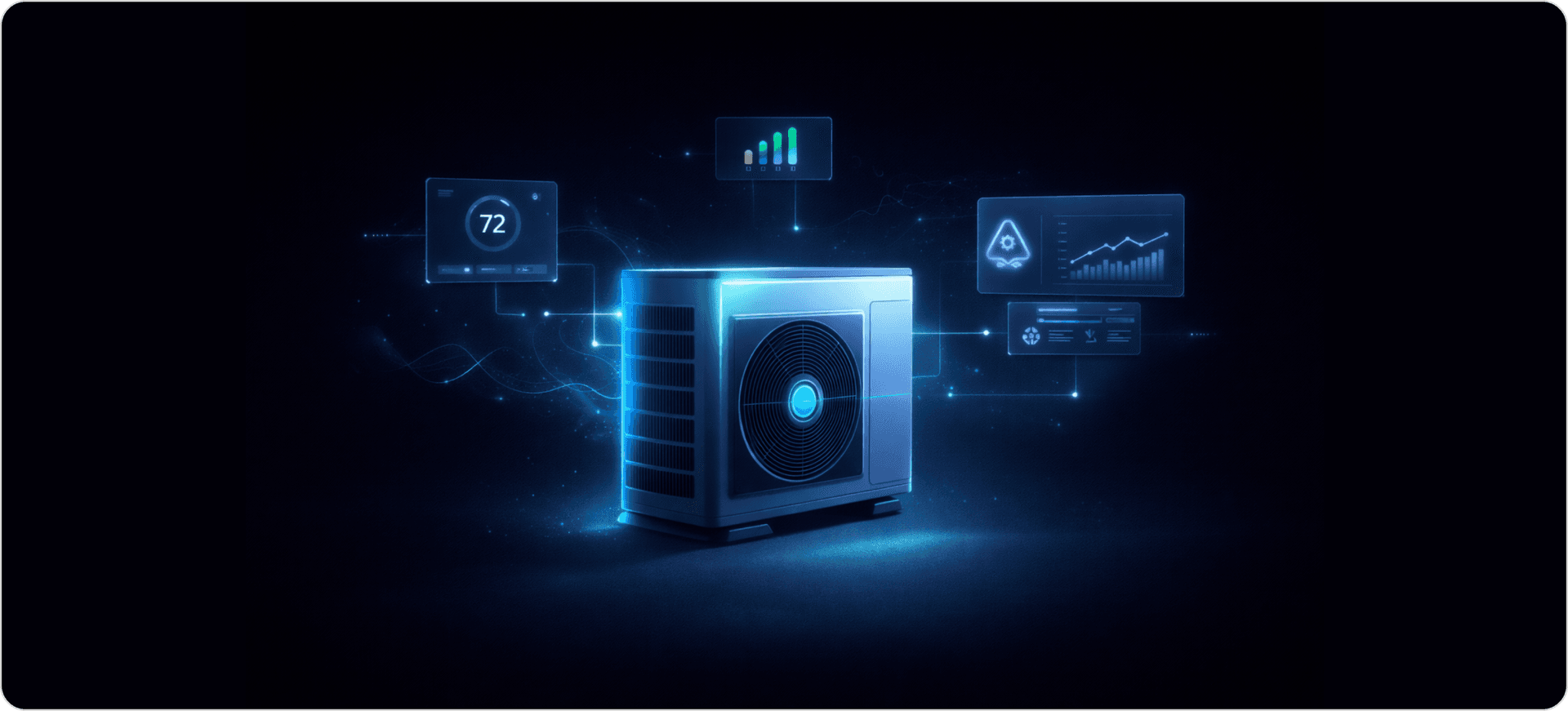 How new HVAC technology works with a smart connected system showing real-time performance analytics, energy efficiency monitoring, predictive maintenance alerts, and smart thermostat integration through a digital interface