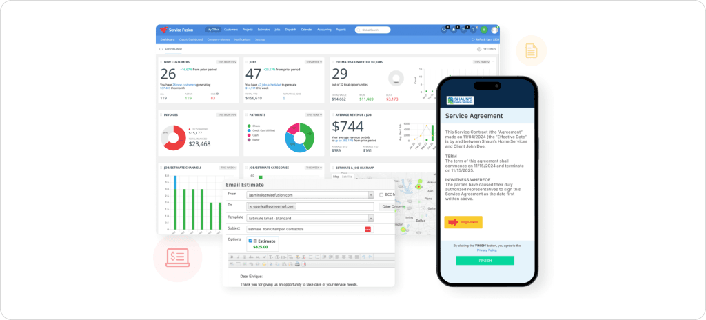 How field service software manages estimates, invoices, payments, and service agreements with integrated dashboard analytics and digital contract signing on mobile.