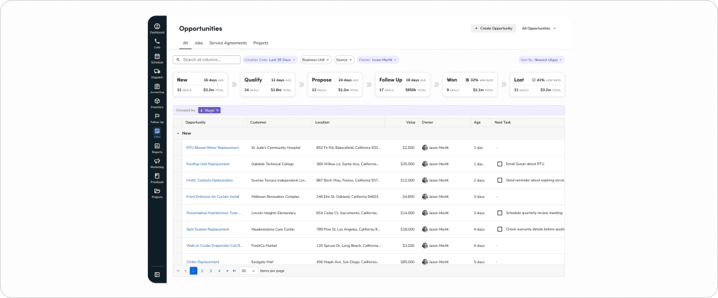 How HVAC dispatch software works with technician scheduling board, drag-and-drop job assignments, and real-time map-based workforce tracking for field service operations.