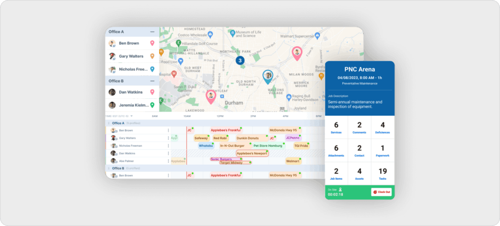 How field service scheduling and asset management work with technician routing, job timelines, service tracking, and real-time job status updates on mobile.
