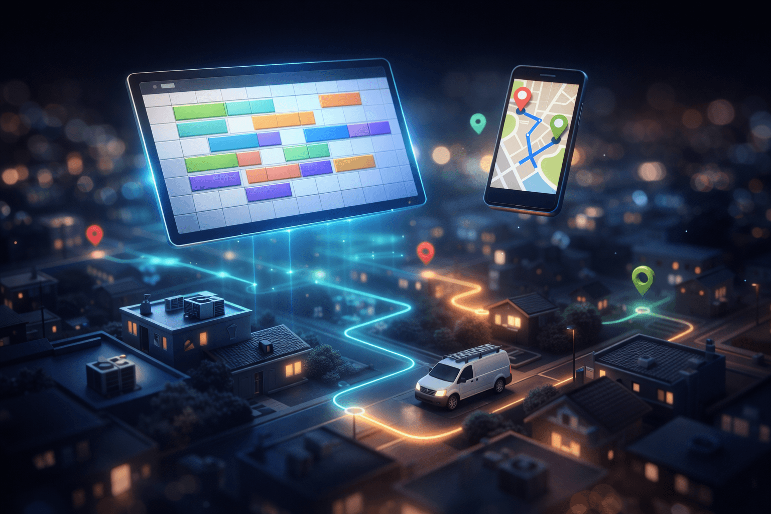 How HVAC scheduling software coordinates field service operations by displaying technician job schedules on a dispatch dashboard while a mobile map guides service vehicles along optimized routes between customer locations.