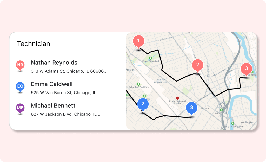 FieldCamp route optimization map showing multi-technician job routing across city locations