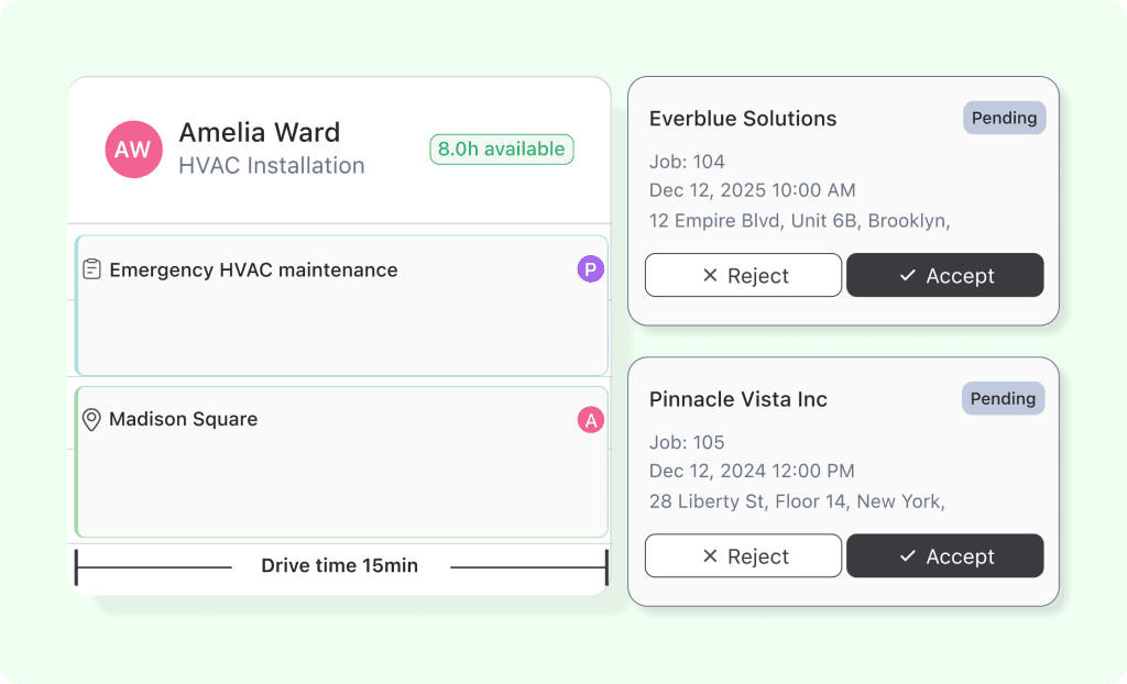 FieldCamp AI Dispatcher showing technician availability, job assignments, drive time, and pending job acceptance