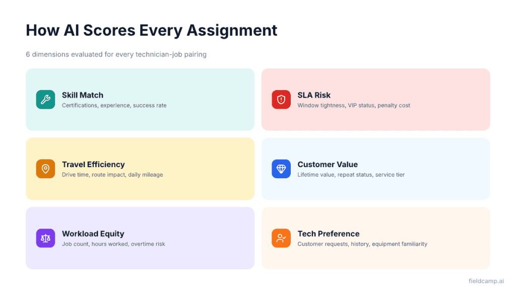 How AI scores every technician-job assignment — 6 dimensions including skill match, travel efficiency, SLA risk, and workload equity