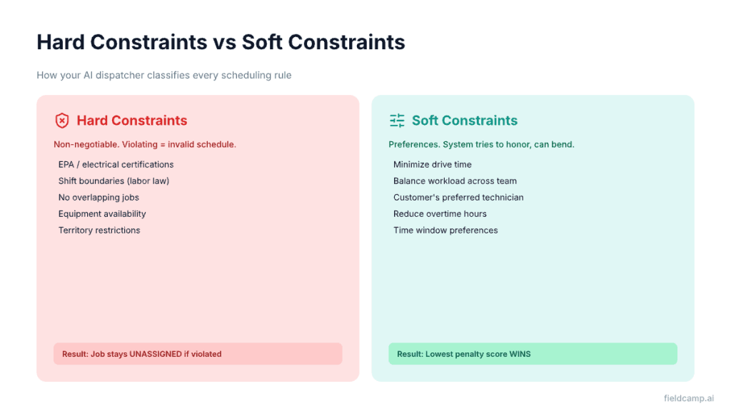 Hard constraints vs soft constraints in AI dispatching — non-negotiable rules vs penalty-scored preferences