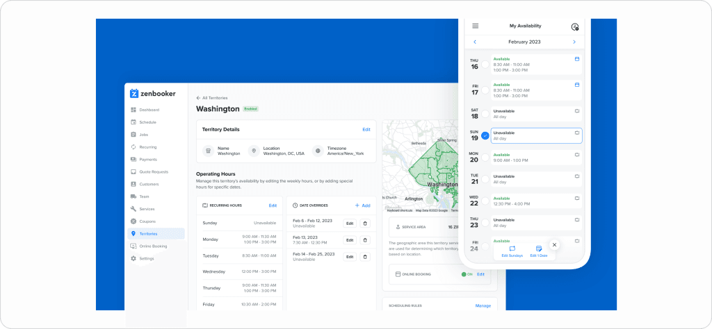 ZenBooker territory and availability management showing Washington DC service area with operating hours, date overrides, and ZIP code coverage map on desktop alongside a technician availability calendar with daily time slots on mobile