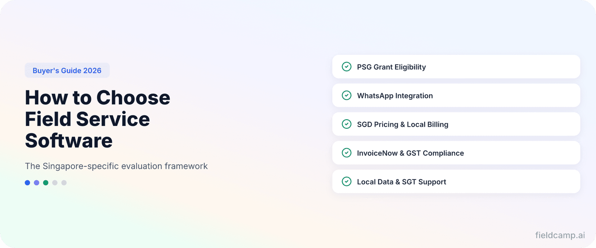 How to choose field service software in Singapore — evaluation framework covering PSG grant eligibility, WhatsApp integration, SGD pricing, InvoiceNow GST compliance, and local SGT support
