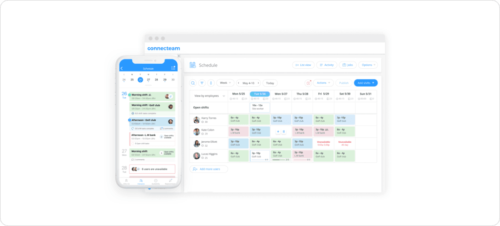 Connecteam workforce management interface showing a mobile shift schedule with morning and afternoon shifts at multiple sites including a golf club and bank, alongside a desktop weekly scheduler with employee availability, open shifts, and unavailable day markers for a janitorial crew