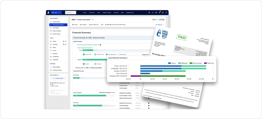 Fergus job management interface showing a financial summary for a house renovation job with 85.01% current potential profit at $9,148.18, labour and materials breakdown chart comparing priced, chargeable, invoiced, and cost figures with $5,792.48 projected profit, alongside a paid tax invoice for Chill Your Bits HVAC