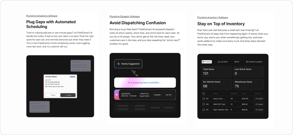 FieldCamp plumbing software interface showing three features — automated scheduling with a plumbing job assignment card for Amelia Ward with accept and reject actions, AI-powered dispatch analyzing team availability and suggesting technician Robert Fox, and inventory management dashboard tracking 131 total items across on-vehicle and warehouse stock with transfer options