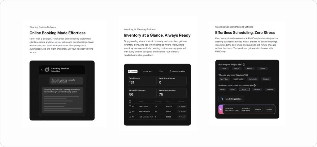 FieldCamp cleaning business software interface showing three features — online booking with AI chat handling a customer scheduling request, inventory management dashboard tracking 131 total items across vehicle and warehouse stock, and AI job scheduling with duration, urgency, and travel time parameters with a handy suggestion for technician assignment