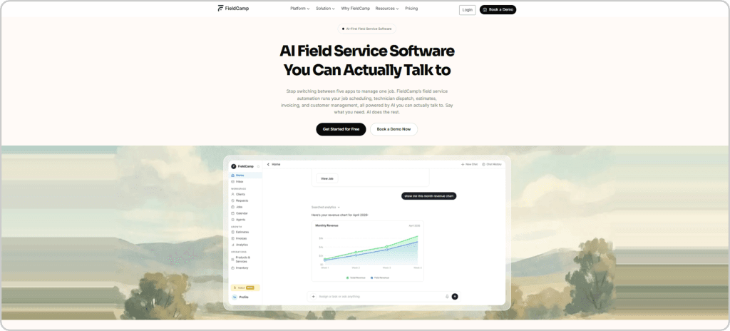 FieldCamp AI field service software dashboard showing natural language revenue analytics and automated job scheduling