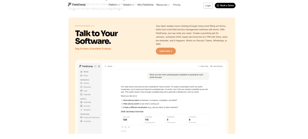  FieldCamp AI field service software homepage hero 'Talk to Your Software' showing conversational dashboard interface for Singapore service businesses