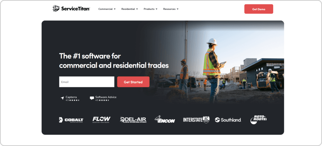 ServiceTitan enterprise field service management software homepage — built for large commercial and residential trade franchises in North America
