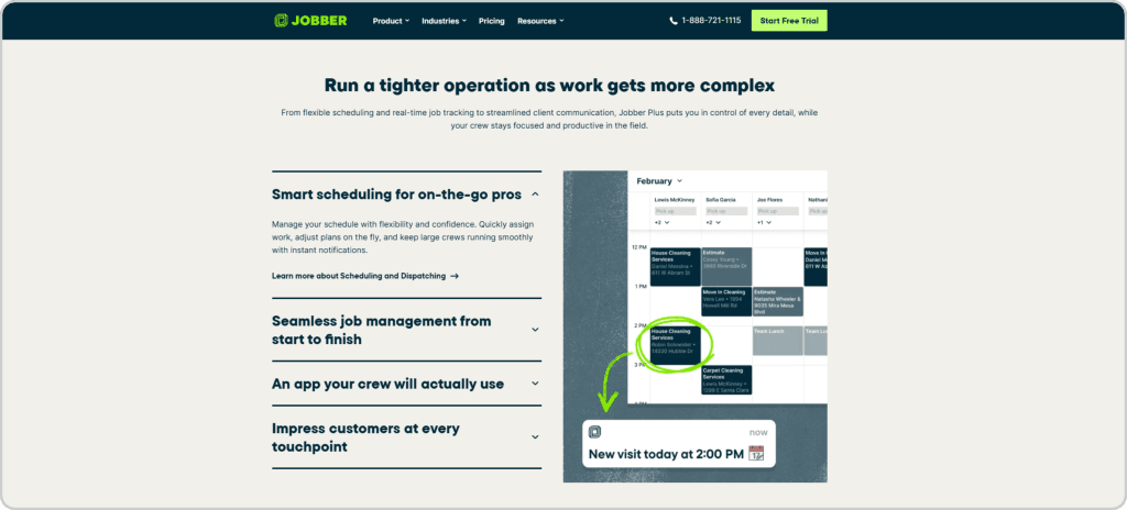 Jobber field service scheduling interface showing smart scheduling, calendar management, and crew dispatch for home service businesses