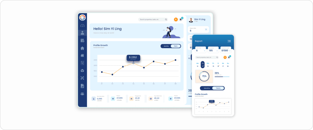 Genic Teams field service management dashboard showing a profile growth chart tracking revenue at $2,352 across six quarters, a mobile report view with 75% completion rate and $1,580 revenue summary, 6 open jobs, 195 properties, and 5,095 new subscribers with engagement metrics