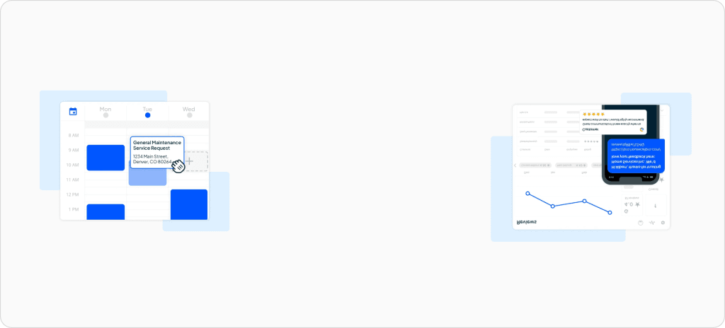 Housecall Pro dashboard showing 47 jobs scheduled this week with a 28.57% increase from prior period, $156,610 year-to-date revenue, payment breakdown donut chart across check, credit card, cash, and barter, 26 new customers generating $37,489 this month, and QuickBooks integration icons