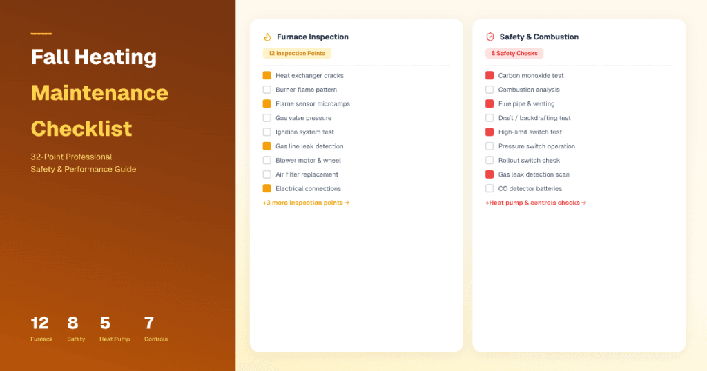 Fall heating maintenance checklist — 32-point HVAC furnace inspection covering combustion safety, heat pump switchover, and CO testing