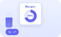 Profit margin calculator icon featuring a donut chart showing 70 percent margin with a bar graph and trending up arrow             