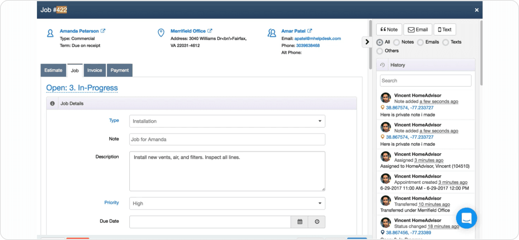 mHelpDesk work order detail view showing job type, description, priority fields, estimate-to-invoice tabs, and real-time activity history log for an in-progress installation job