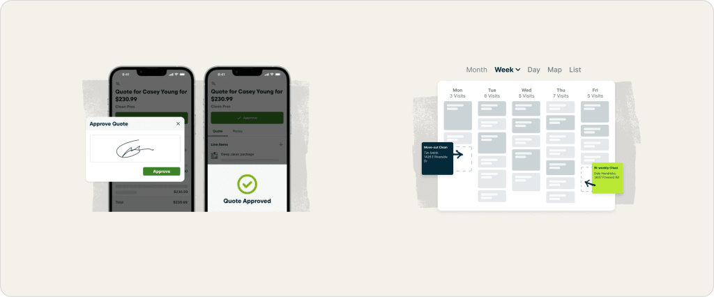 Jobber cleaning software interface showing mobile quote approval with digital signature capture and a weekly dispatch calendar with move-out and bi-weekly cleaning jobs assigned across five weekdays