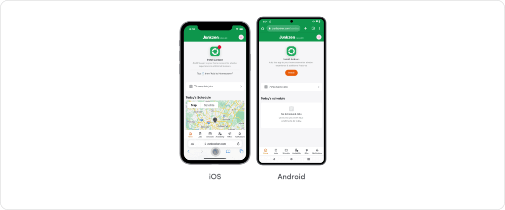ZenBooker technician-facing mobile web app shown on iOS and Android displaying today's schedule, incomplete jobs count, and map view — accessed via browser rather than a native app, highlighting the absence of a dedicated mobile admin interface