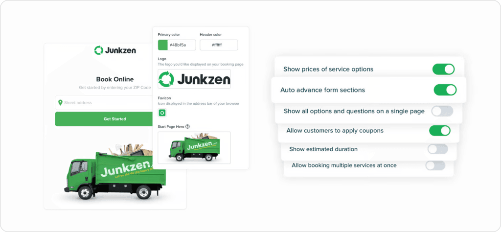 ZenBooker online booking widget customization showing branded booking page with logo, primary color, and hero image settings alongside display toggles for service pricing, coupon codes, estimated duration, auto-advance form sections, and multi-service booking