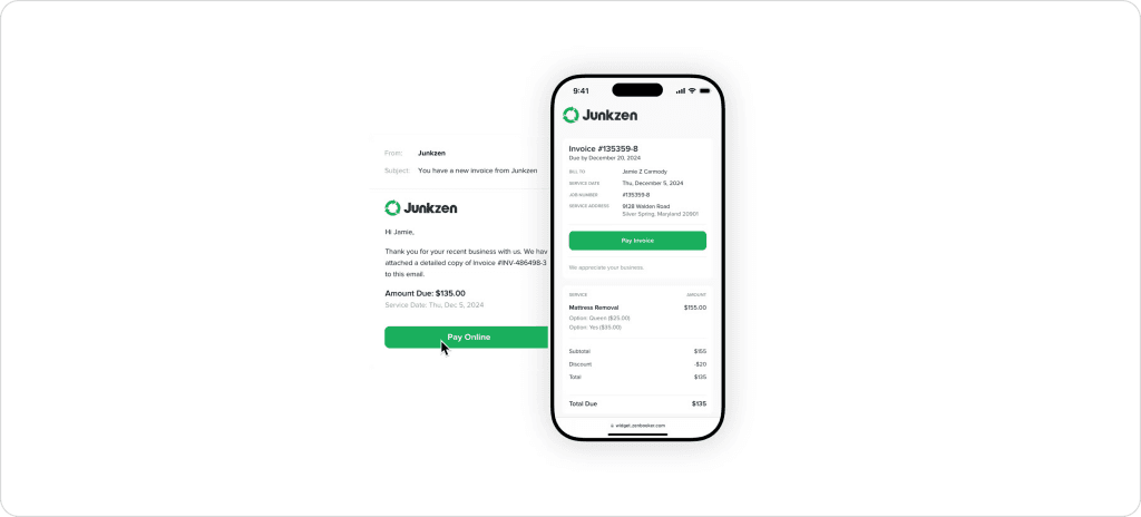ZenBooker payment experience showing automated invoice email with Pay Online button alongside mobile invoice view displaying service details, subtotal, discount, and total due for a mattress removal job