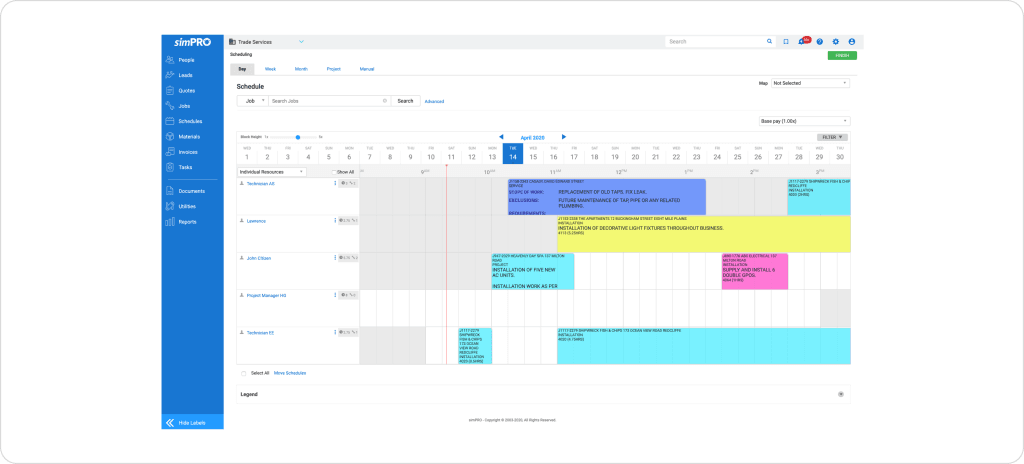 SimPRO enterprise scheduling view showing a monthly calendar for April with color-coded job blocks assigned across five technicians including plumbing service, leak repairs, AC installations, and electrical work with detailed scope of work descriptions visible on each job card