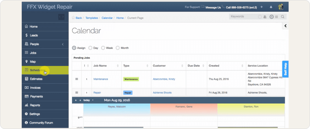 mHelpDesk scheduling interface showing the calendar dispatch board with pending jobs list, technician columns, and drag-and-drop time slots — desktop view