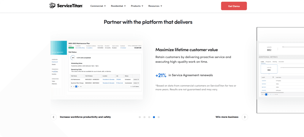 ServiceTitan enterprise FSM software homepage 'Partner with the platform that delivers' showing maintenance plan dashboard and +21% service agreement renewals metric for
   commercial and residential trades 