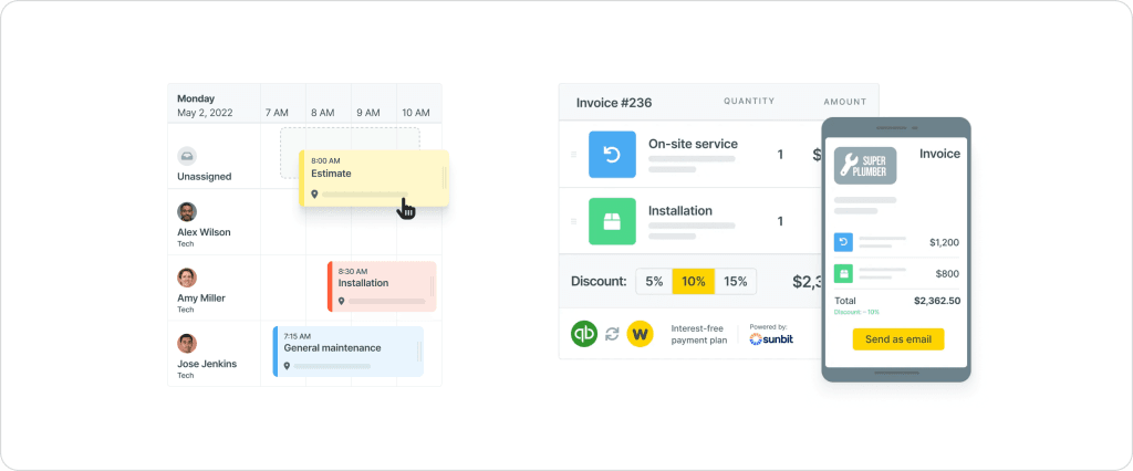 Workiz field service interface showing a dispatch calendar with color-coded estimate, installation, and maintenance jobs assigned to technicians Alex Wilson, Amy Miller, and Jose Jenkins, alongside an invoice screen with on-site service and installation line items, discount selector, and mobile invoice preview totaling $2,362.50
