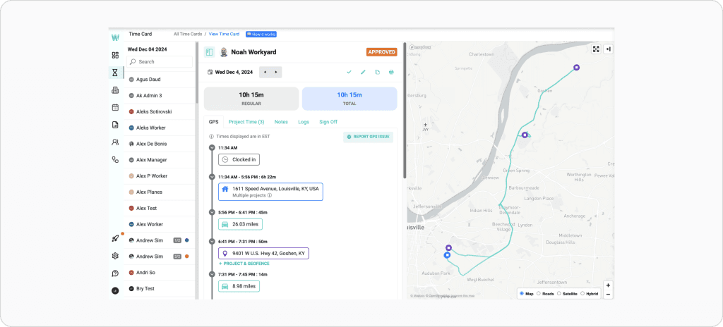 Workyard time card interface showing an approved 10 hour 15 minute shift for a worker with GPS timeline tracking clock-in at 11:34 AM, job site visits at two locations with 26.03 miles travel between them, and a route map tracing movement across multiple stops