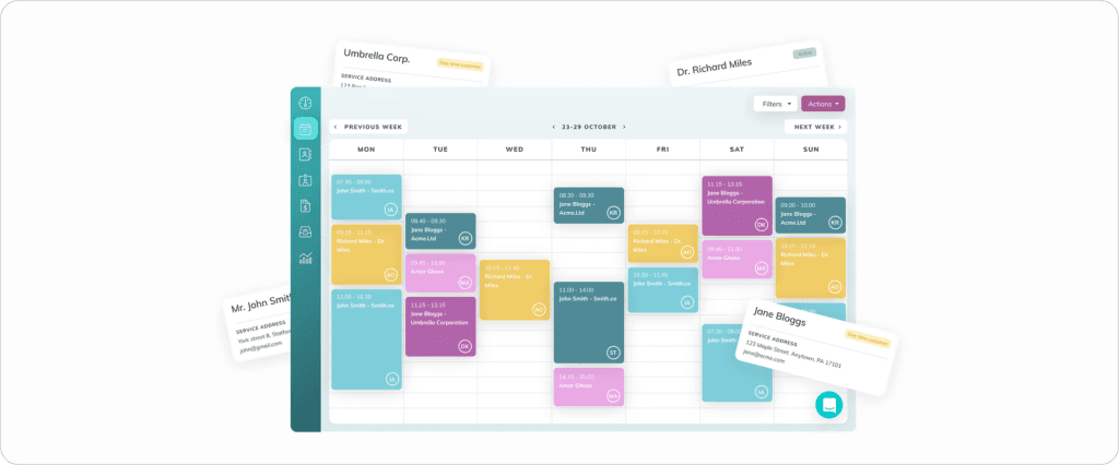 ZenMaid scheduling interface showing a weekly calendar view with color-coded cleaning appointments for multiple technicians across Monday through Sunday, with drag-and-drop job assignment and customer contact cards overlaid