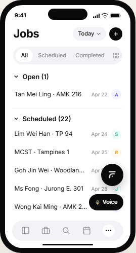 FieldCamp mobile app — technician job list view on iPhone