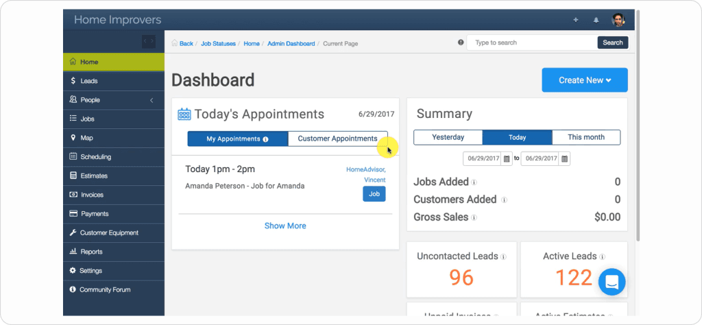 mHelpDesk admin dashboard displaying today's appointments, jobs added, customers added, gross sales summary, and uncontacted vs active leads count