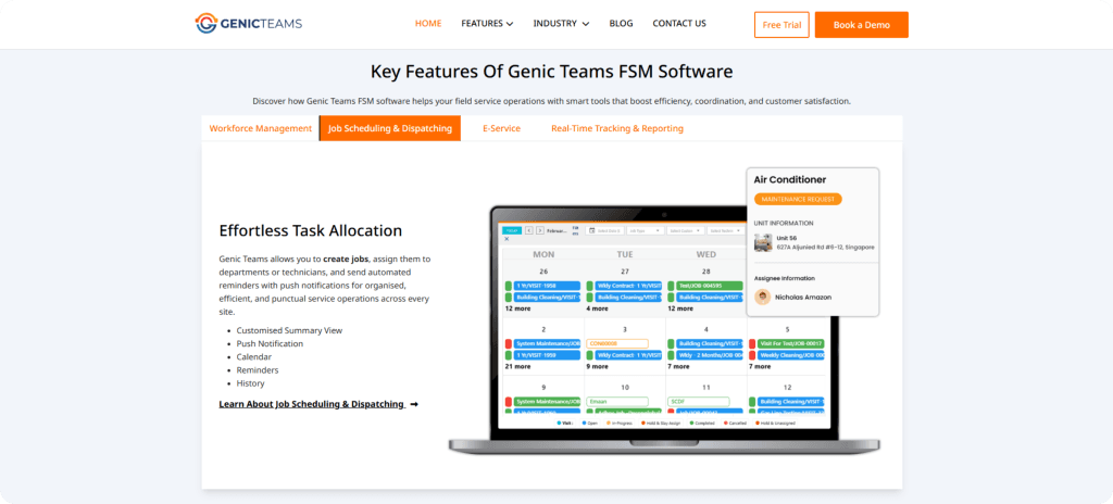 Genic Teams FSM software Singapore key features page showing effortless task allocation, job scheduling and dispatching interface on laptop mockup
